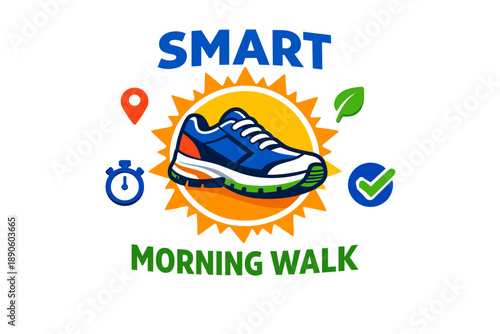 Vibrant smart morning walk logo with sneaker and fitness icons