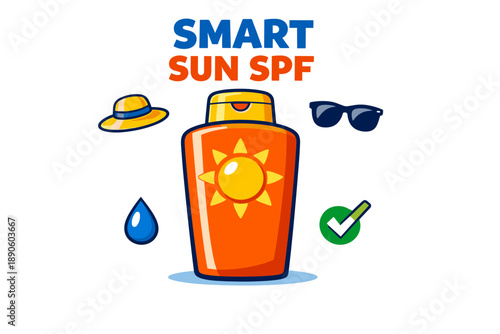 Smart sun spf bottle with hat, sunglasses, water drop, and checkmark