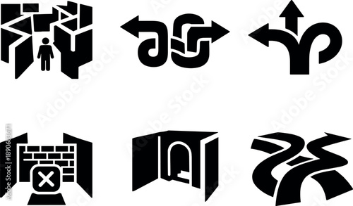 Image Generation. Solid vector icons of confusing urban labyrinths: network of tight alleys, mirrored route segments, misleading