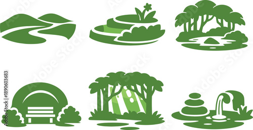Image Generation. Solid vector icons of subconscious-soothing green spaces: flowing terrain shapes, gentle gradient ramps, soft