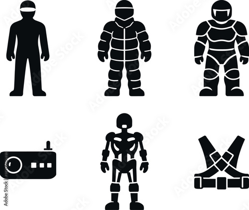 Image Generation. Solid vector icons of tactile-nullifying suits: full-body sensory mask, pressure-dampening layer,