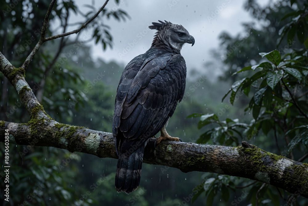 Fototapeta premium Harpy eagle perched on a branch in the rain
