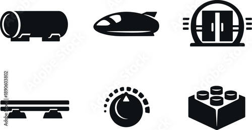 Ultrafast Transit Icons. Solid vector icons of ultrafast vacuum transit infrastructure: airless tunnel span, hyper-speed pod,