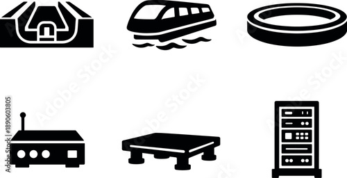 Image Generation. Solid vector icons of magnetic-levitation transit grids: subterranean guide channel, levitation-field vehicle,