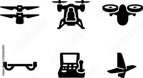 Image Generation. Solid vector icons of single-user vertical flyers: coaxial rotor hub, compact flight body, balanced lift core;