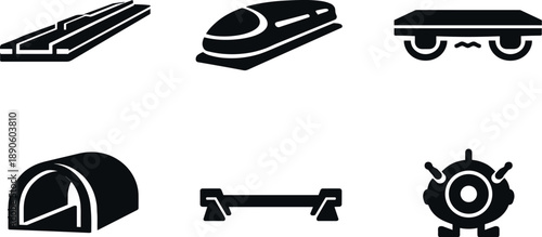 Image Generation. Solid vector icons of citywide underground maglev systems: linear maglev track, high-speed pod unit, magnetic