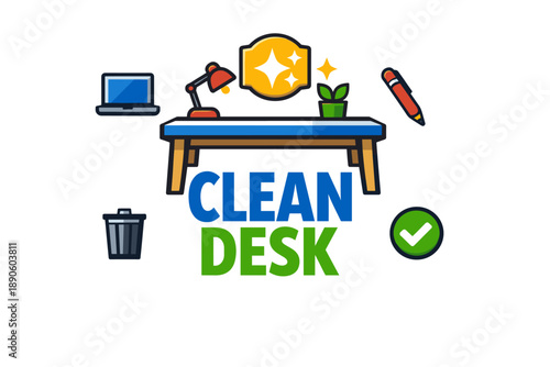 Clean desk illustration with office items and motivational icons