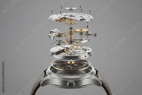 Exploded view of a mechanical watch