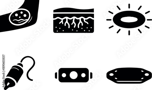Image Generation. Solid vector icons of skin-integrated bioluminescent algae: glowing micro-algae patch, dermal embedding layer,