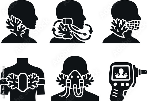 Image Generation. Solid vector icons of coral-enhanced human respiration systems: biocoral gill structure, circulating water loop,