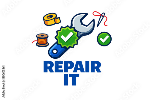 Repair icon: wrench with tape, thread, and needle illustrations