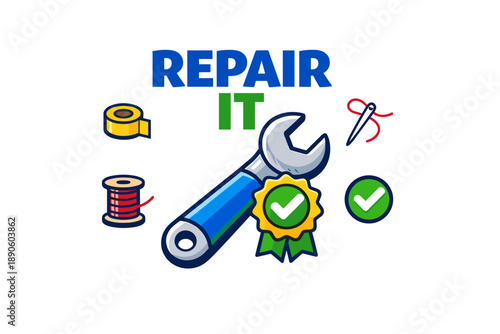 Colorful repair tools and symbols with checkmarks for repair success