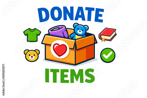 Donate items concept: cardboard box with heart, toys, clothes, books