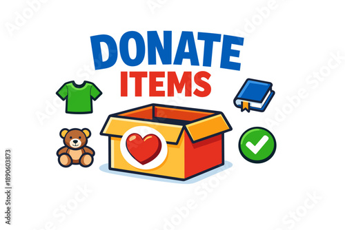 Donate items: encourage charity with clothing, books, and toys illustration