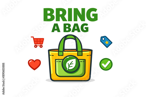 Eco-friendly shopping: bring a bag campaign with leaf logo and icons