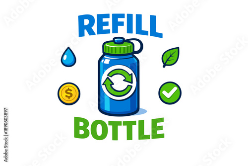 Eco-friendly reusable bottle with refill reminder icons for sustainability