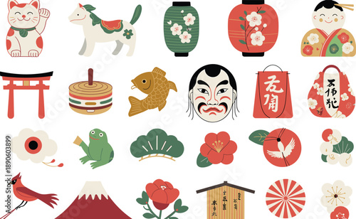 Japanese traditional icon set, cultural symbols collection, maneki neko, torii gate, koi fish, lanterns, sakura, flat vector