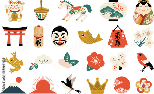 Japanese traditional icons set, cultural symbols collection, maneki neko, torii gate, koi fish, lantern, sakura flowers, vector illustration