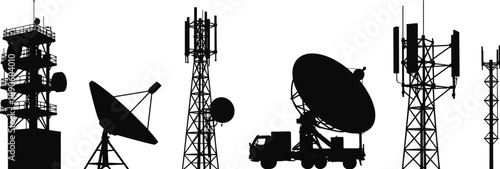 Telecommunication towers satellite dishes antenna masts silhouettes set, wireless communication infrastructure, radar and broadcasting equipment, isolated black illustration
