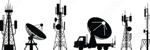 Telecommunication towers satellite dishes antenna masts silhouettes set, wireless network infrastructure, radar communication equipment, broadcasting technology, isolated black illustration