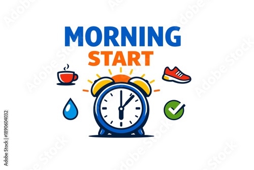 Morning routine icon with alarm clock, coffee, and fitness symbols