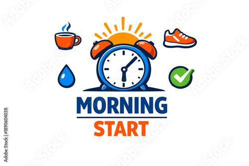 Vibrant morning start with clock coffee sun water shoe checkmark icons