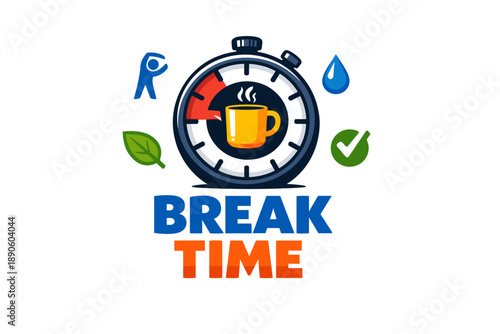 Break time illustration with coffee, stopwatch, leaf, and icons