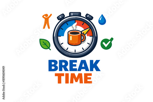 Break time icon with stopwatch, coffee cup, and motivational symbols
