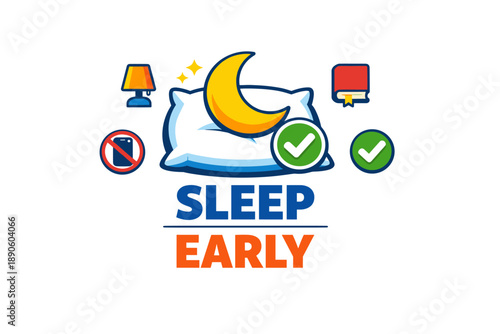 Sleep early motivation: pillow, moon, and symbols encouraging healthy habits