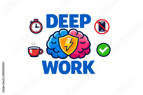 Deep work concept with brain, timer, coffee, phone ban, and checkmark icons