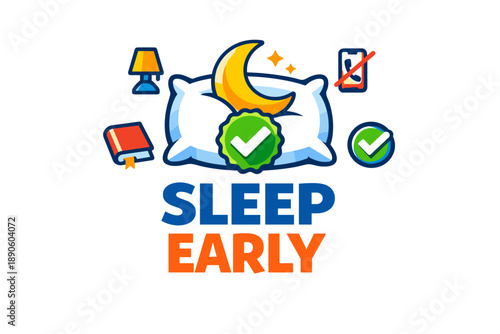 Sleep early: restful night symbols with pillow, moon, and phone reminder