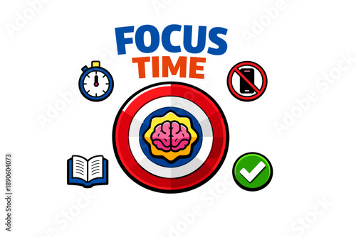 Focus time: brain power target with stopwatch and distraction-free icons