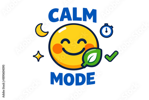 Happy emoji with calming symbols: leaf, clock, crescent, and checkmark