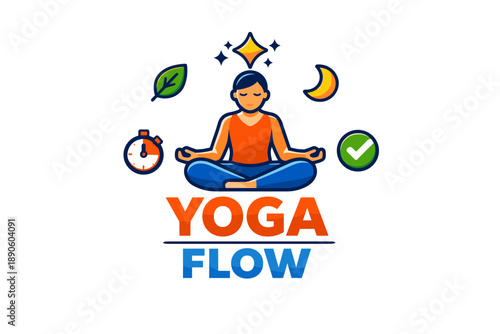 Mindful yoga practice with asian female character and wellness symbols