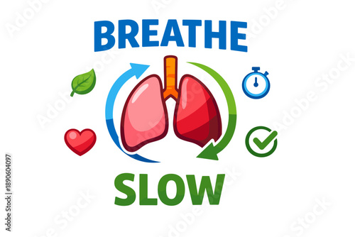 Breathe slow: lung health graphic with heart and timer symbols