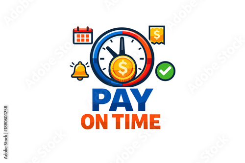 Pay on time reminder icon with clock, calendar, and payment symbols