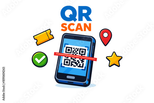 Qr code scan on smartphone with ticket, pin, checkmark, and star icons