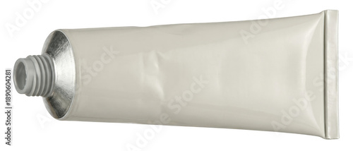 Blank white metallic squeeze tube packaging with uncapped nozzle isolated on a dark field
