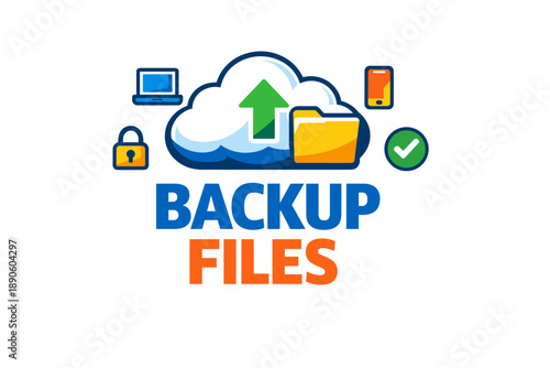 Cloud backup files security icon with devices and data privacy symbols