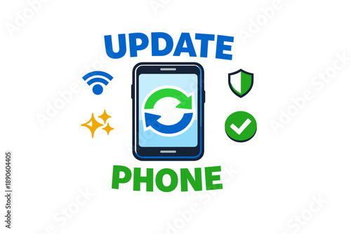 Smartphone software update concept with sync symbol and security elements