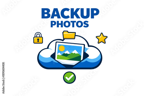 Cloud backup photos icon with security lock and storage symbols