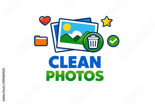Clean photos icon with heart, folder, star, checkmark, and trash bin