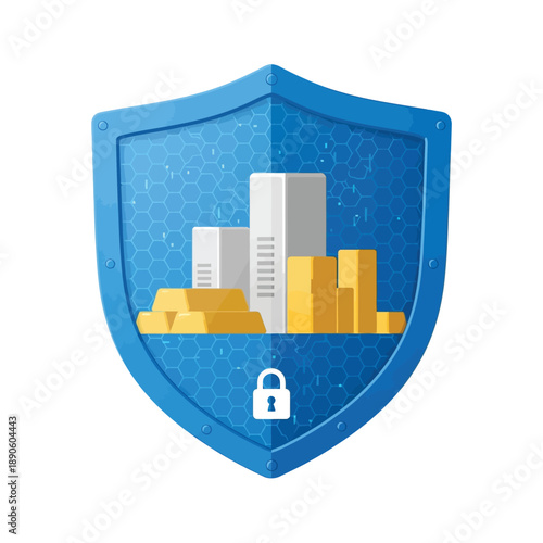 Data Security and Financial Asset Protection Icon. Shield Protecting Gold Bullion, Servers, and Digital Wealth with Padlock.