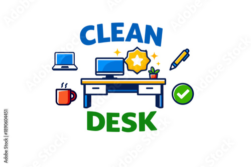 Clean desk concept with computer, laptop, coffee, plant, pen, checkmark