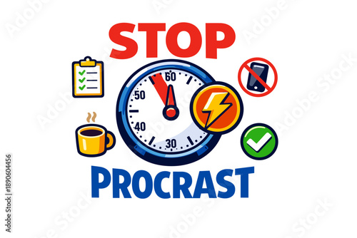 Stop procrastination: time management with checklist and motivation icons