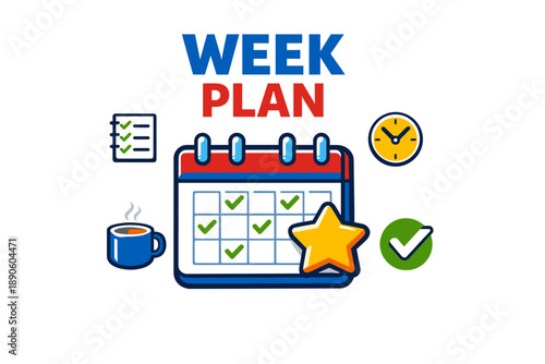 Weekly planner with icons: calendar, checklist, clock, star, and coffee cup