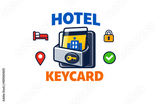 Hotel keycard icon with bed, lock, location pin, and checkmark symbols