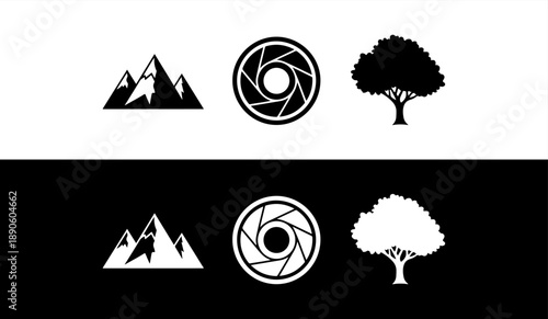 Black and white icon set for photography and nature