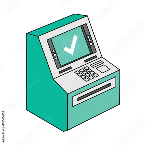 Successful ATM Transaction Confirmation Icon. Isometric Cash Machine Illustration with Checkmark on Screen.