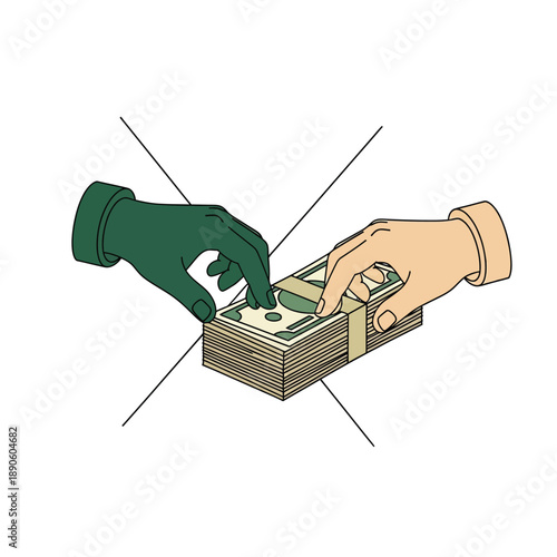 Bribery and Corruption Illustration: Two Hands Reaching for a Stack of Cash in an Illegal Financial Transaction